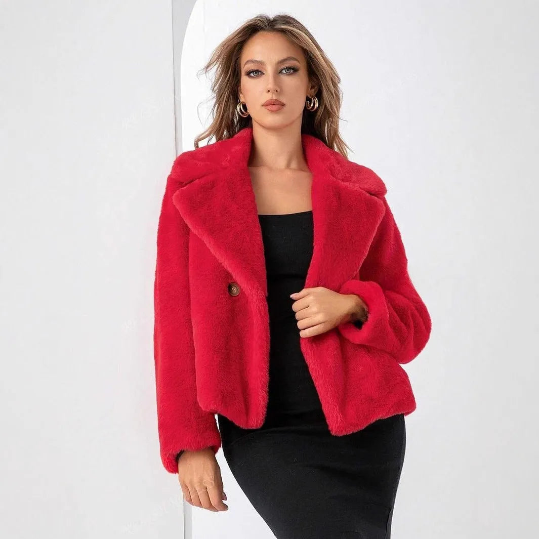 Women's loose-fit short coat in rose red faux fur with regular sleeves and fresh sweet style.
